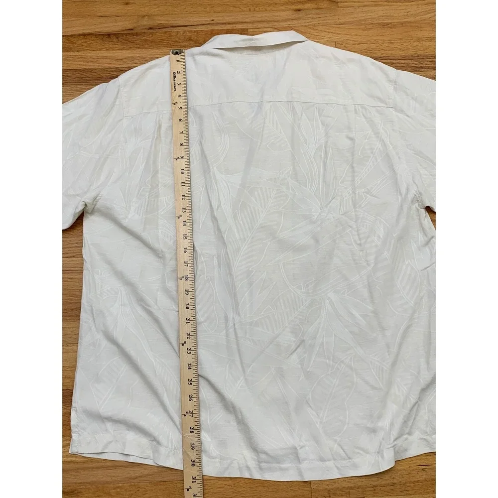 Tommy Bahama Men's XL Silk Camp Shirt Cream Tropical Leaf Jacquard Button Down